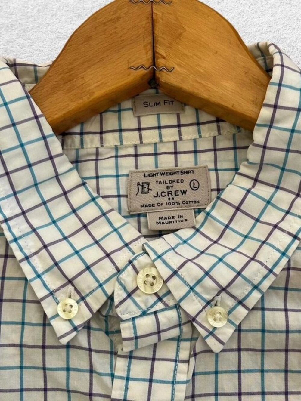 J.Crew Plaid Button-Down White Blue Purple Men's L Long Sleeve Slim Dress Casual